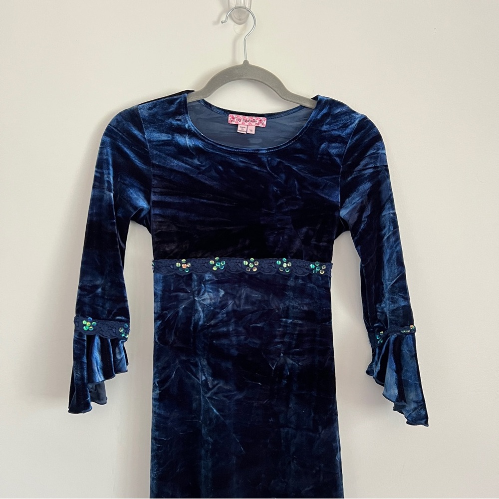 Y2K Whimsy Goth Navy Blue Velvet Maxi Dress Bell Sleeve Girls Size 14 Witchy - Picture 3 of 10